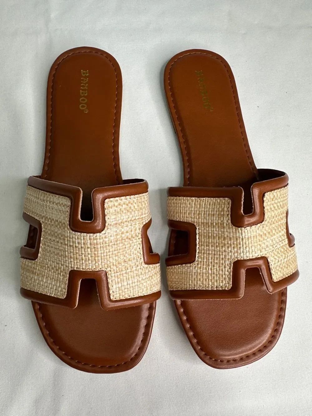 BAMBOO Tan and Natural Raffia Slide Sandals for Women